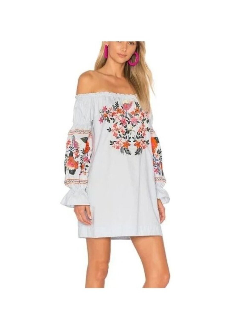 Free People Fleur De Jour Mini Shift Boho Dress White Floral Embroidered Size XS